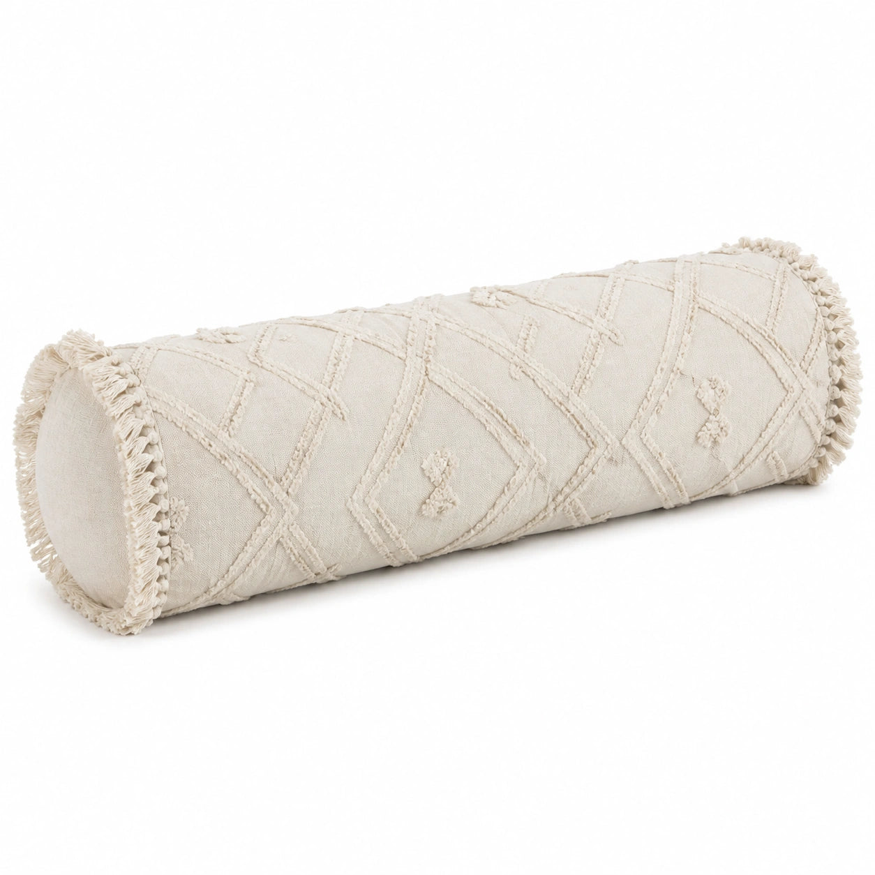 Zylinderkissen 20 x 50 cm Baumwollstoff Creme mit Fransen Dekokissen