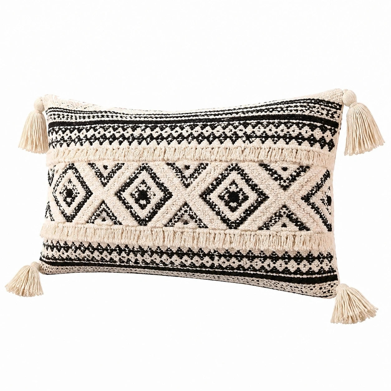 Dekokissen 50 x 30 cm Baumwolle Schwarz Creme Boho mit Quasten