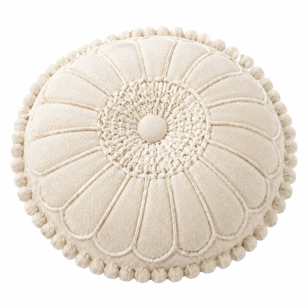 Rundes Zierkissen 45 cm Creme Textil mit Pomponrand